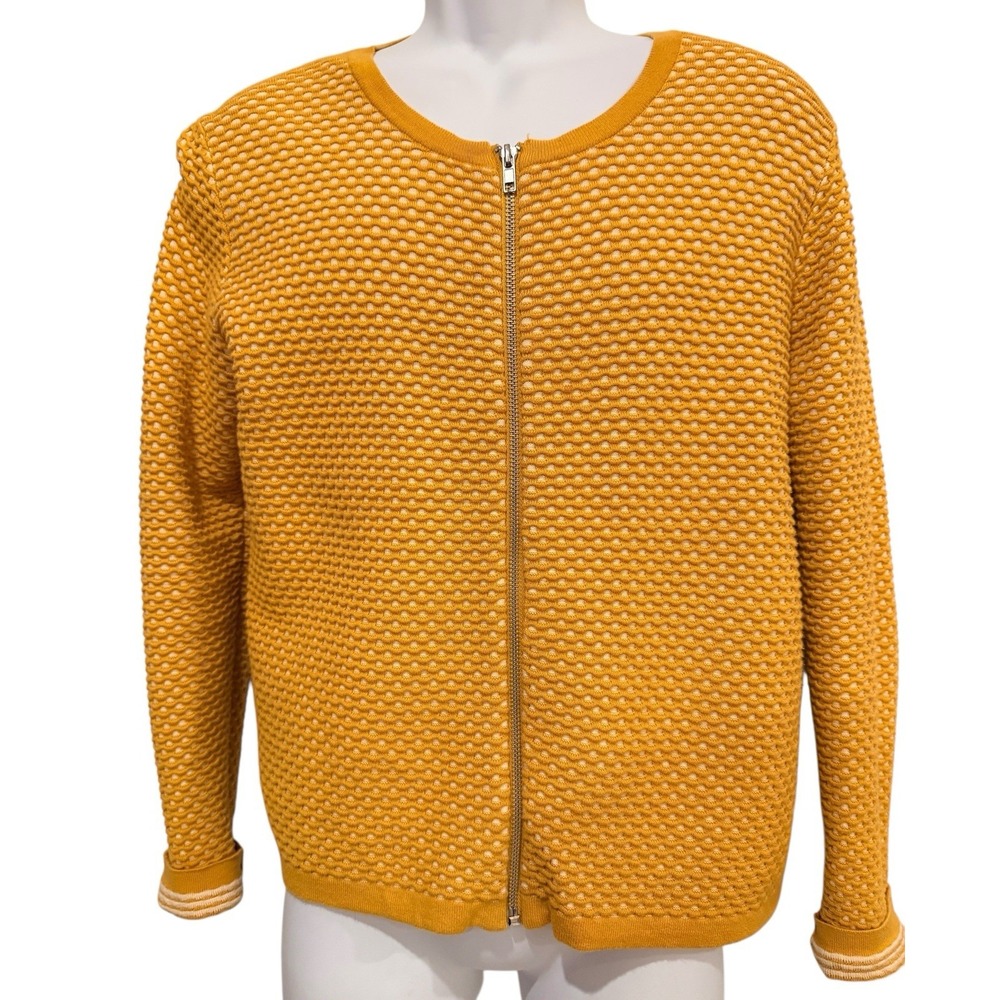 Monoprix Femme France Women Sweater L Honeycomb Full Zip Mustard - Picture 3 of 9